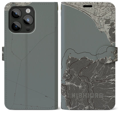 【西浦（静岡県）】地図柄iPhoneケース（手帳タイプ）モノトーン・iPhone 15 Pro Max 用