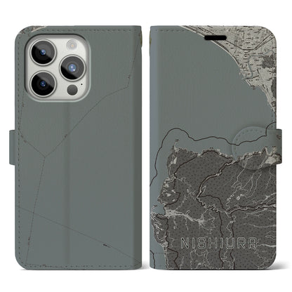 【西浦（静岡県）】地図柄iPhoneケース（手帳タイプ）モノトーン・iPhone 15 Pro 用