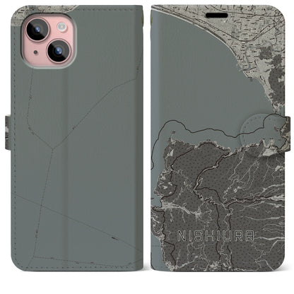 【西浦（静岡県）】地図柄iPhoneケース（手帳タイプ）モノトーン・iPhone 15 Plus 用