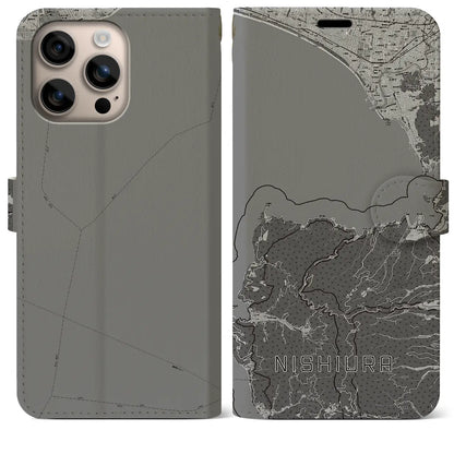 【西浦（静岡県）】地図柄iPhoneケース（手帳タイプ）モノトーン・iPhone 16 Plus 用