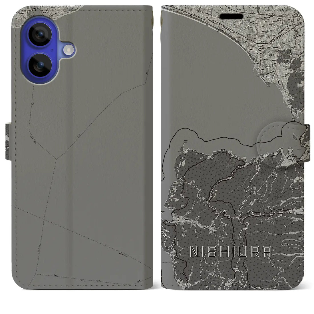 【西浦(静岡県)】地図柄iPhoneケース(手帳タイプ)モノトーン・iPhone 16 Pro Max 用