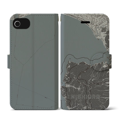 【西浦（静岡県）】地図柄iPhoneケース（手帳タイプ）モノトーン・iPhone SE（第3 / 第2世代） / 8 / 7 / 6s / 6 用