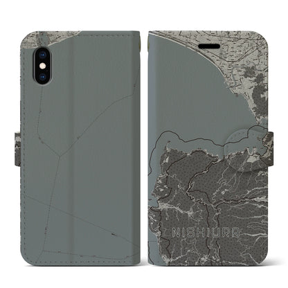 【西浦（静岡県）】地図柄iPhoneケース（手帳タイプ）モノトーン・iPhone XS / X 用