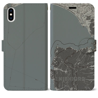 【西浦（静岡県）】地図柄iPhoneケース（手帳タイプ）モノトーン・iPhone XS Max 用