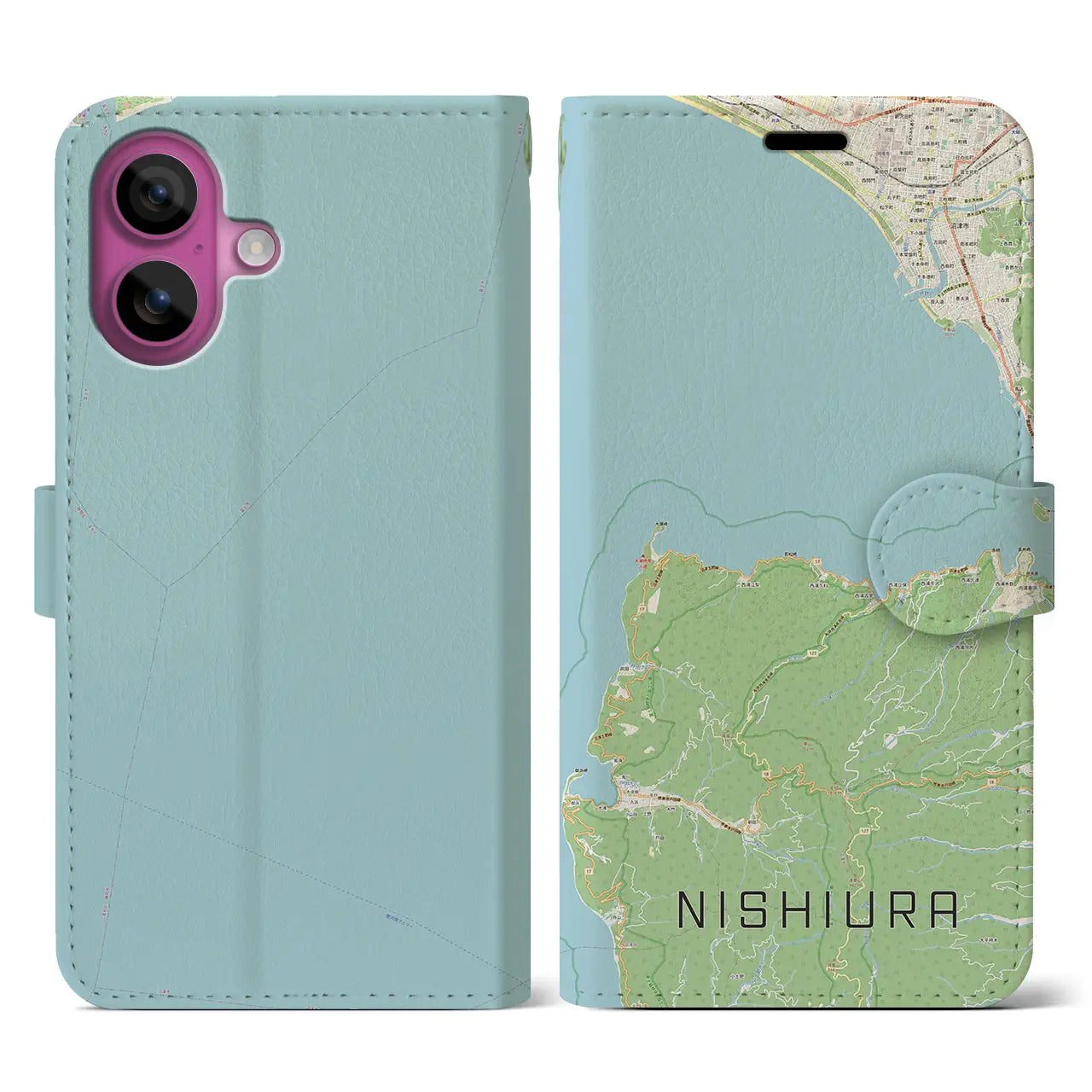 【西浦（静岡県）】地図柄iPhoneケース（手帳タイプ）ナチュラル・iPhone 16 Pro 用