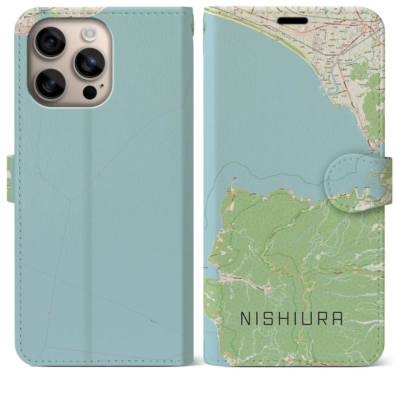 【西浦（静岡県）】地図柄iPhoneケース（手帳タイプ）ナチュラル・iPhone 16 Plus 用