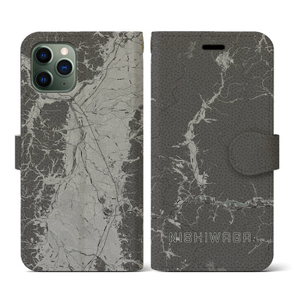 【西和賀（岩手県）】地図柄iPhoneケース（手帳タイプ）モノトーン・iPhone 11 Pro 用