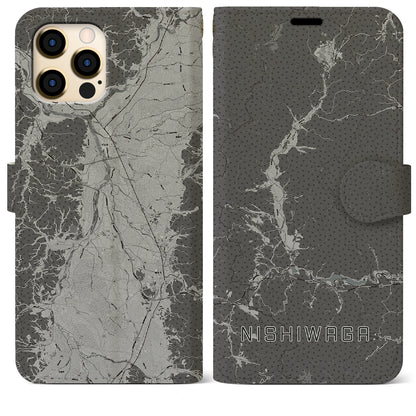 【西和賀（岩手県）】地図柄iPhoneケース（手帳タイプ）モノトーン・iPhone 12 Pro Max 用