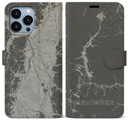 【西和賀（岩手県）】地図柄iPhoneケース（手帳タイプ）モノトーン・iPhone 13 Pro Max 用