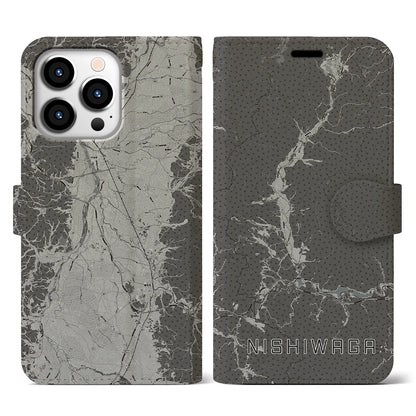 【西和賀（岩手県）】地図柄iPhoneケース（手帳タイプ）モノトーン・iPhone 13 Pro 用