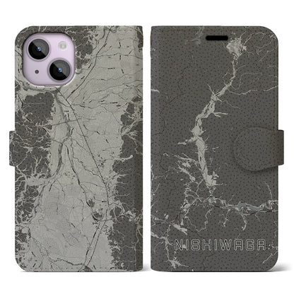 【西和賀（岩手県）】地図柄iPhoneケース（手帳タイプ）モノトーン・iPhone 14 用