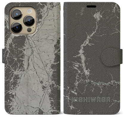 【西和賀（岩手県）】地図柄iPhoneケース（手帳タイプ）モノトーン・iPhone 14 Pro Max 用