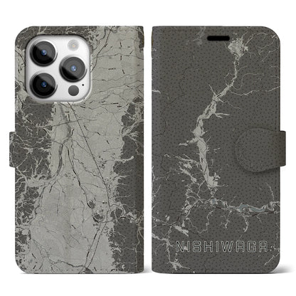 【西和賀（岩手県）】地図柄iPhoneケース（手帳タイプ）モノトーン・iPhone 14 Pro 用