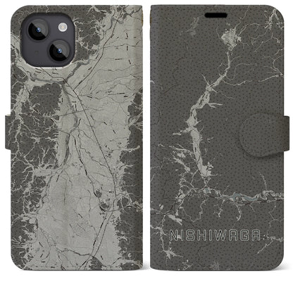 【西和賀（岩手県）】地図柄iPhoneケース（手帳タイプ）モノトーン・iPhone 14 Plus 用