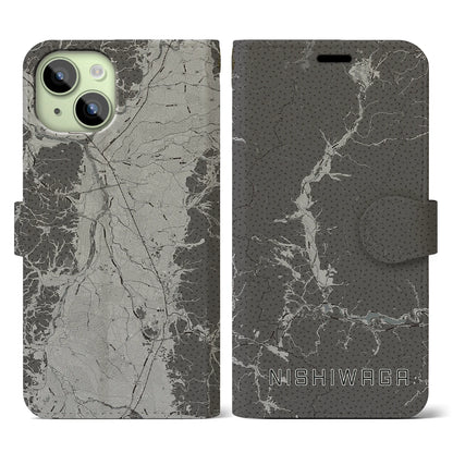 【西和賀（岩手県）】地図柄iPhoneケース（手帳タイプ）モノトーン・iPhone 15 用