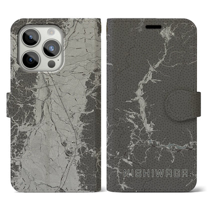 【西和賀（岩手県）】地図柄iPhoneケース（手帳タイプ）モノトーン・iPhone 15 Pro 用