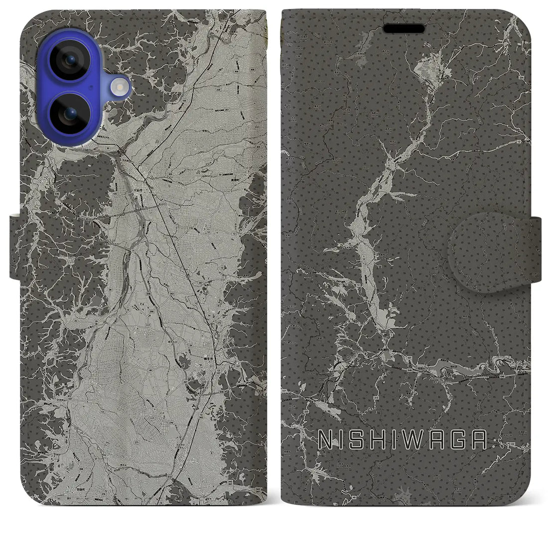 【西和賀(岩手県)】地図柄iPhoneケース(手帳タイプ)モノトーン・iPhone 16 Pro Max 用