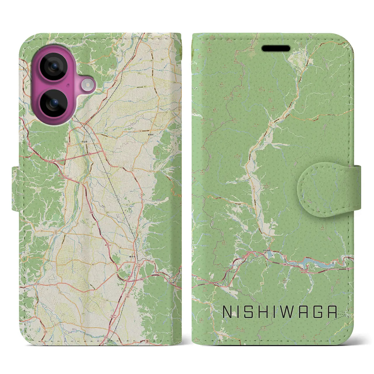 【西和賀（岩手県）】地図柄iPhoneケース（手帳タイプ）ナチュラル・iPhone 16 Pro 用