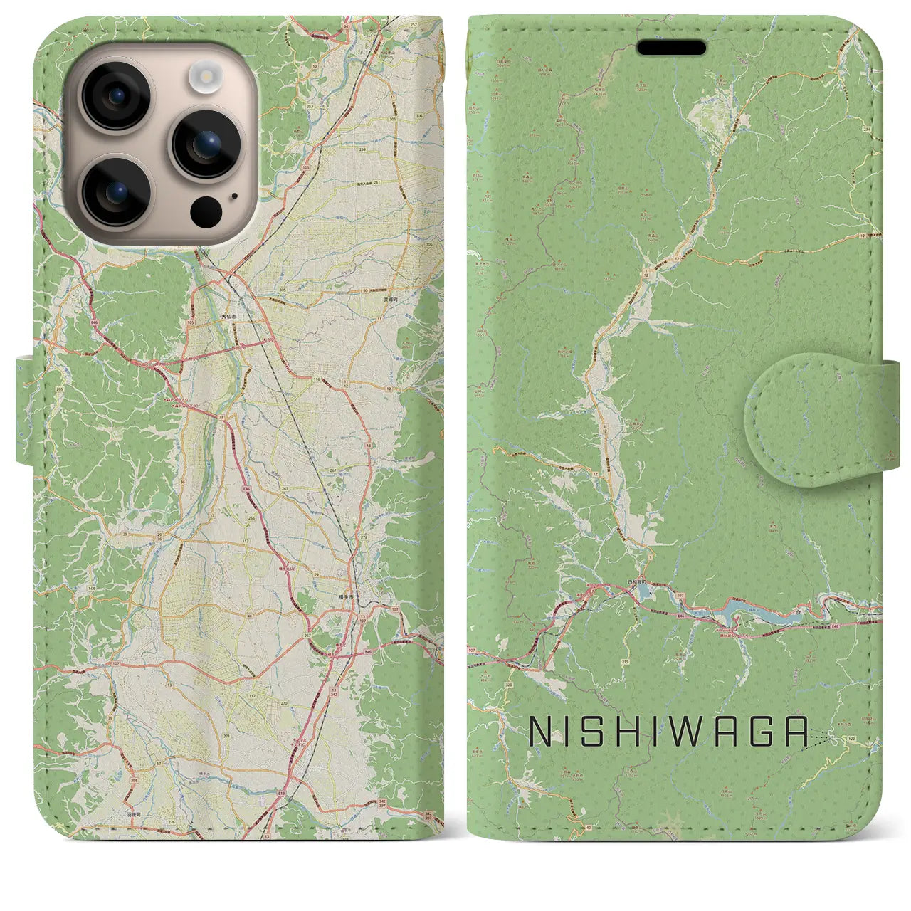 【西和賀（岩手県）】地図柄iPhoneケース（手帳タイプ）ナチュラル・iPhone 16 Plus 用