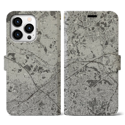 【西谷（神奈川県）】地図柄iPhoneケース（手帳タイプ）モノトーン・iPhone 13 Pro 用