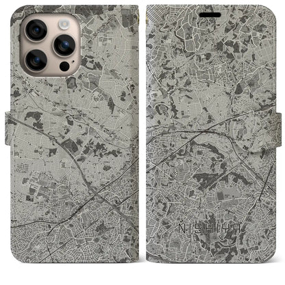 【西谷（神奈川県）】地図柄iPhoneケース（手帳タイプ）モノトーン・iPhone 16 Plus 用