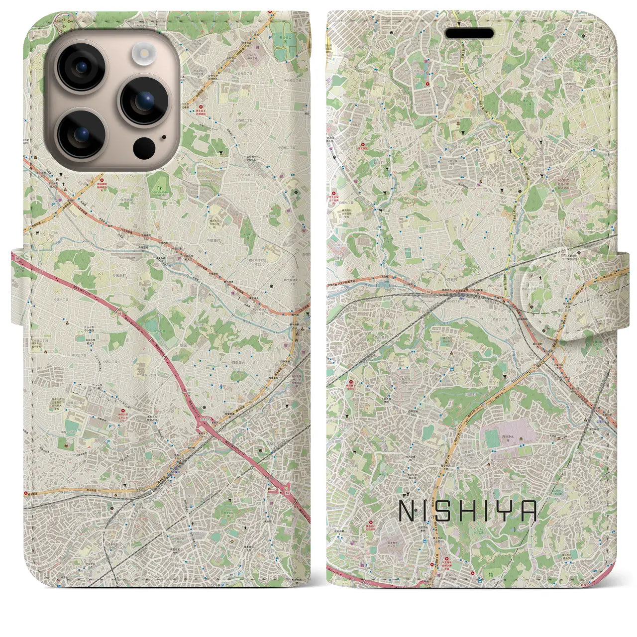 【西谷（神奈川県）】地図柄iPhoneケース（手帳タイプ）ナチュラル・iPhone 16 Plus 用