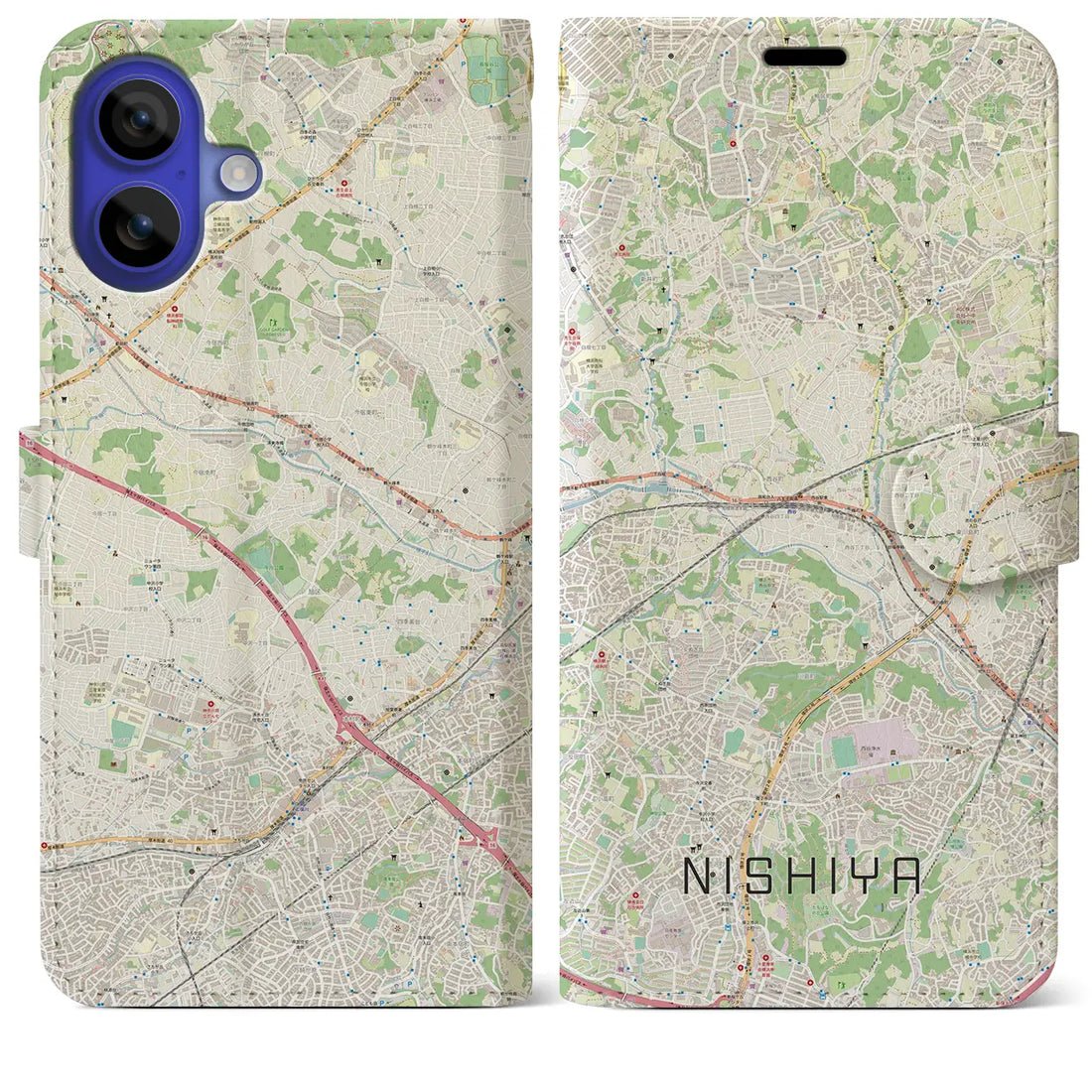 【西谷（神奈川県）】地図柄iPhoneケース（手帳タイプ）ナチュラル・iPhone 16 Pro Max 用