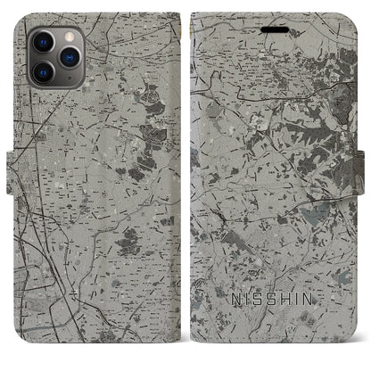 【日進（愛知県）】地図柄iPhoneケース（手帳タイプ）モノトーン・iPhone 11 Pro Max 用