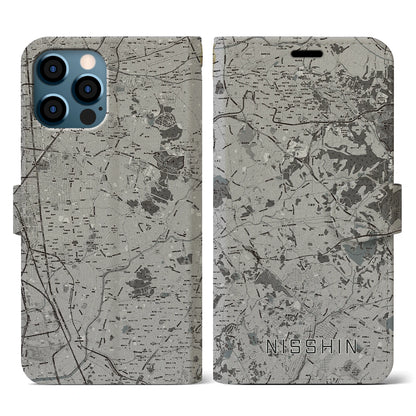 【日進（愛知県）】地図柄iPhoneケース（手帳タイプ）モノトーン・iPhone 12 / 12 Pro 用