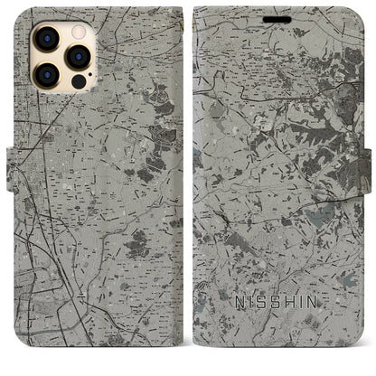 【日進（愛知県）】地図柄iPhoneケース（手帳タイプ）モノトーン・iPhone 12 Pro Max 用