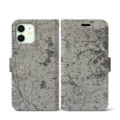 【日進（愛知県）】地図柄iPhoneケース（手帳タイプ）モノトーン・iPhone 12 mini 用