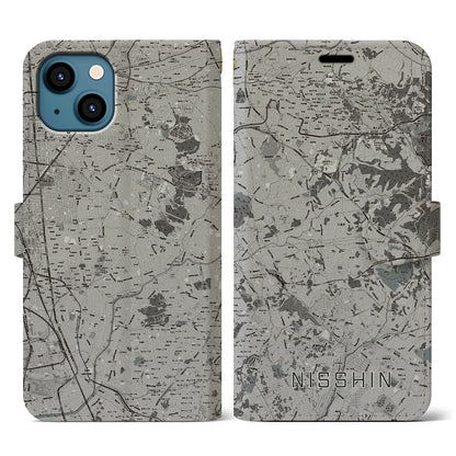 【日進（愛知県）】地図柄iPhoneケース（手帳タイプ）モノトーン・iPhone 13 用
