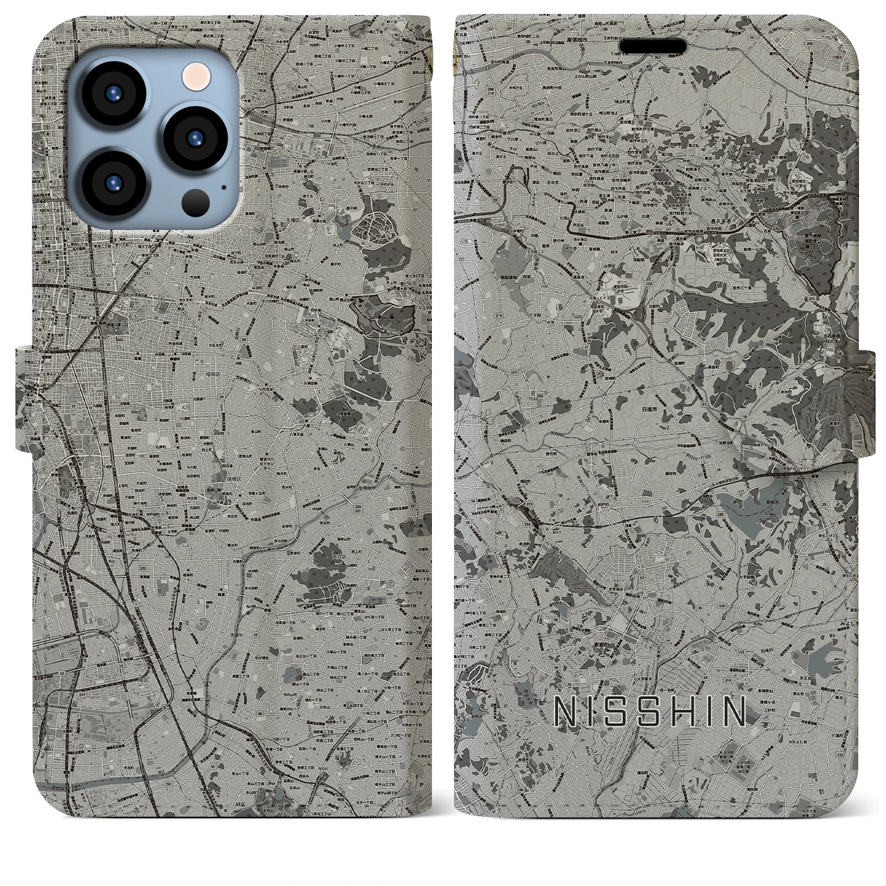【日進（愛知県）】地図柄iPhoneケース（手帳両面タイプ・モノトーン）iPhone 13 Pro Max 用