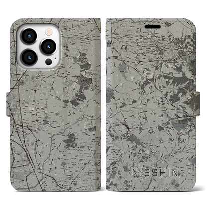 【日進（愛知県）】地図柄iPhoneケース（手帳タイプ）モノトーン・iPhone 13 Pro 用