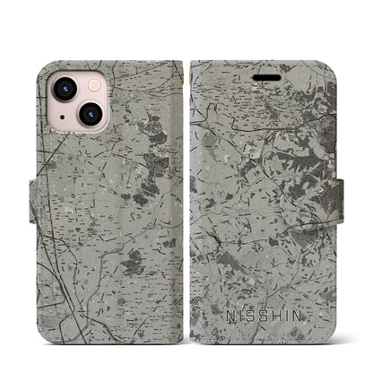 【日進（愛知県）】地図柄iPhoneケース（手帳タイプ）モノトーン・iPhone 13 mini 用