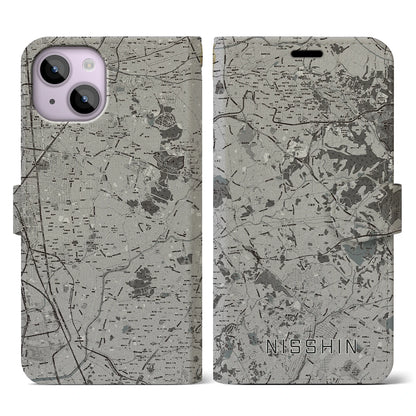 【日進（愛知県）】地図柄iPhoneケース（手帳タイプ）モノトーン・iPhone 14 用