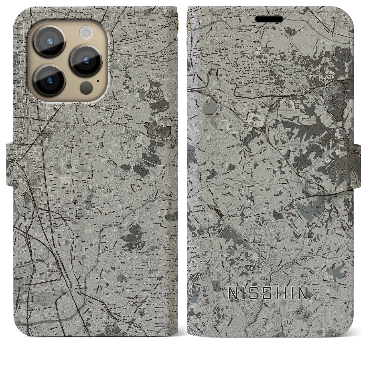 【日進（愛知県）】地図柄iPhoneケース（手帳両面タイプ・モノトーン）iPhone 14 Pro Max 用