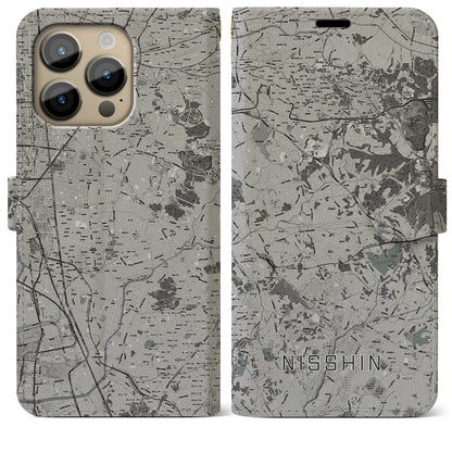 【日進（愛知県）】地図柄iPhoneケース（手帳タイプ）モノトーン・iPhone 14 Pro Max 用