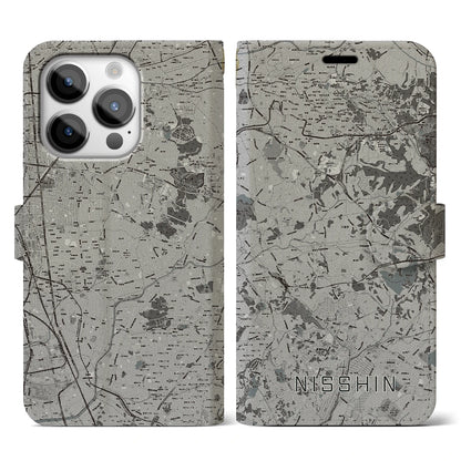 【日進（愛知県）】地図柄iPhoneケース（手帳タイプ）モノトーン・iPhone 14 Pro 用