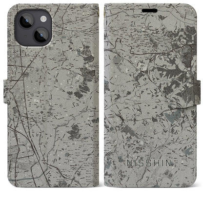 【日進（愛知県）】地図柄iPhoneケース（手帳タイプ）モノトーン・iPhone 14 Plus 用