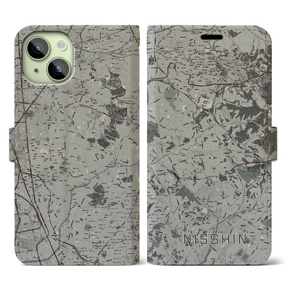 【日進（愛知県）】地図柄iPhoneケース（手帳タイプ）モノトーン・iPhone 15 用