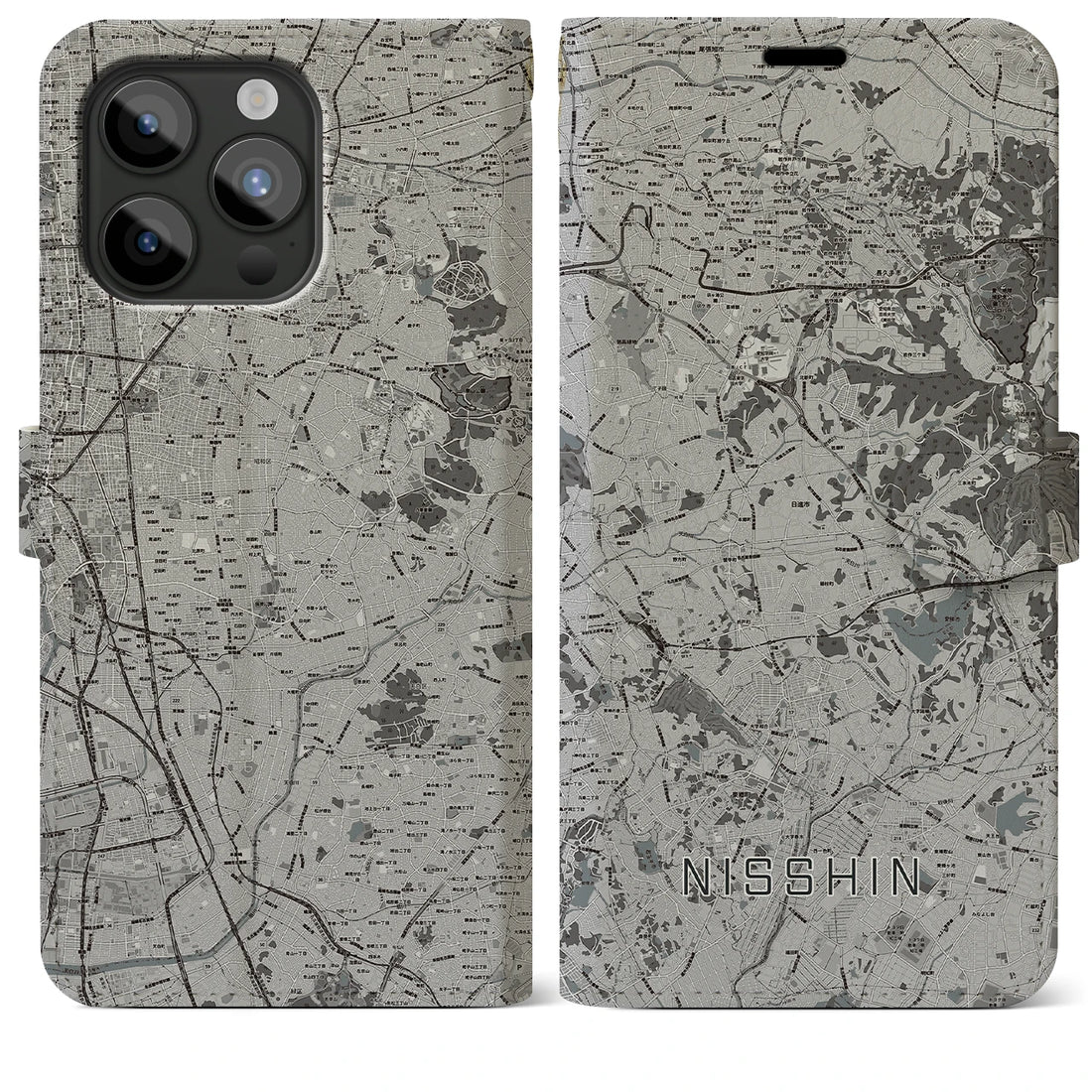【日進（愛知県）】地図柄iPhoneケース（手帳両面タイプ・モノトーン）iPhone 15 Pro Max 用
