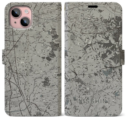 【日進（愛知県）】地図柄iPhoneケース（手帳タイプ）モノトーン・iPhone 15 Plus 用