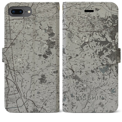 【日進（愛知県）】地図柄iPhoneケース（手帳タイプ）モノトーン・iPhone 8Plus /7Plus / 6sPlus / 6Plus 用
