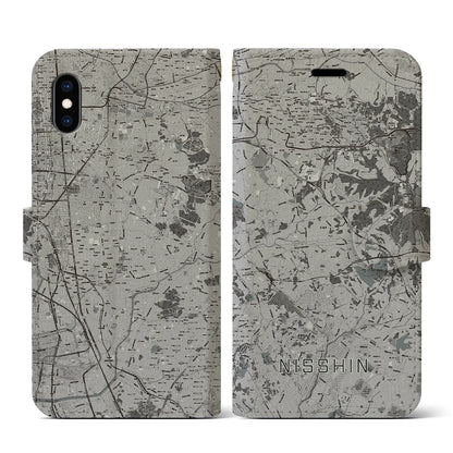 【日進（愛知県）】地図柄iPhoneケース（手帳タイプ）モノトーン・iPhone XS / X 用