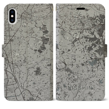 【日進（愛知県）】地図柄iPhoneケース（手帳タイプ）モノトーン・iPhone XS Max 用