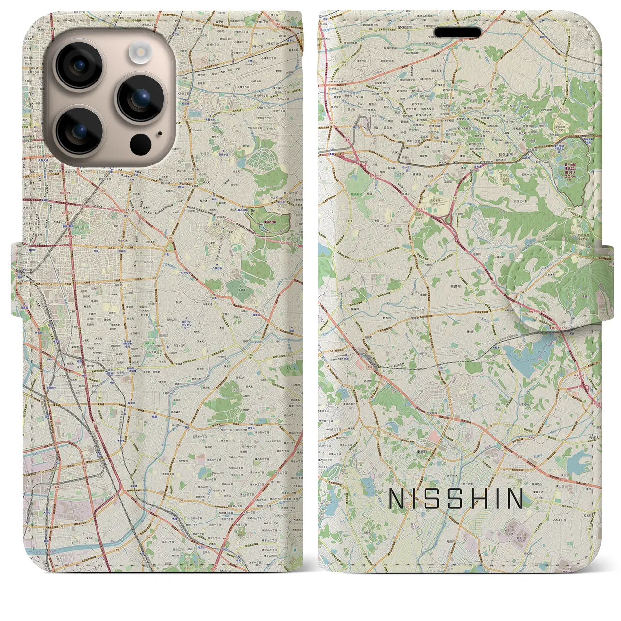 【日進（愛知県）】地図柄iPhoneケース（手帳タイプ）ナチュラル・iPhone 16 Plus 用