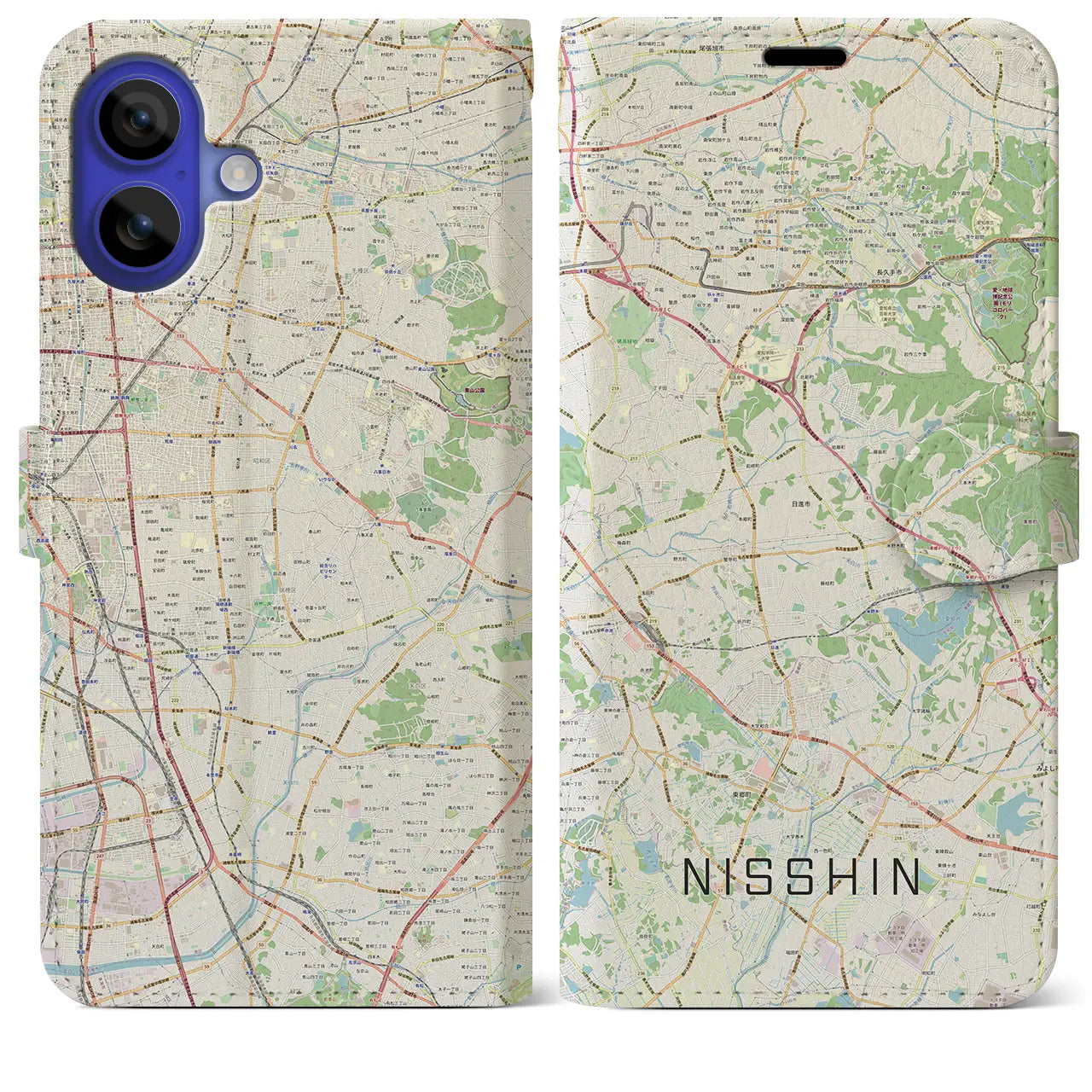 【日進（愛知県）】地図柄iPhoneケース（手帳タイプ）ナチュラル・iPhone 16 Pro Max 用