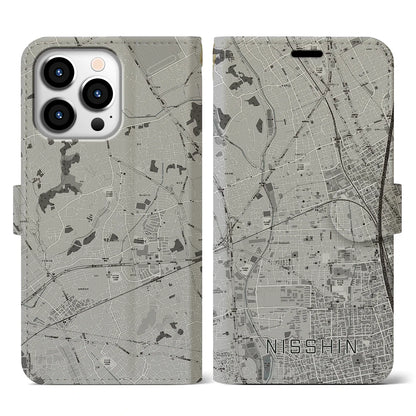 【日進（埼玉県）】地図柄iPhoneケース（手帳タイプ）モノトーン・iPhone 13 Pro 用