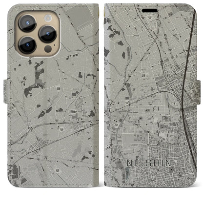 【日進（埼玉県）】地図柄iPhoneケース（手帳タイプ）モノトーン・iPhone 14 Pro Max 用